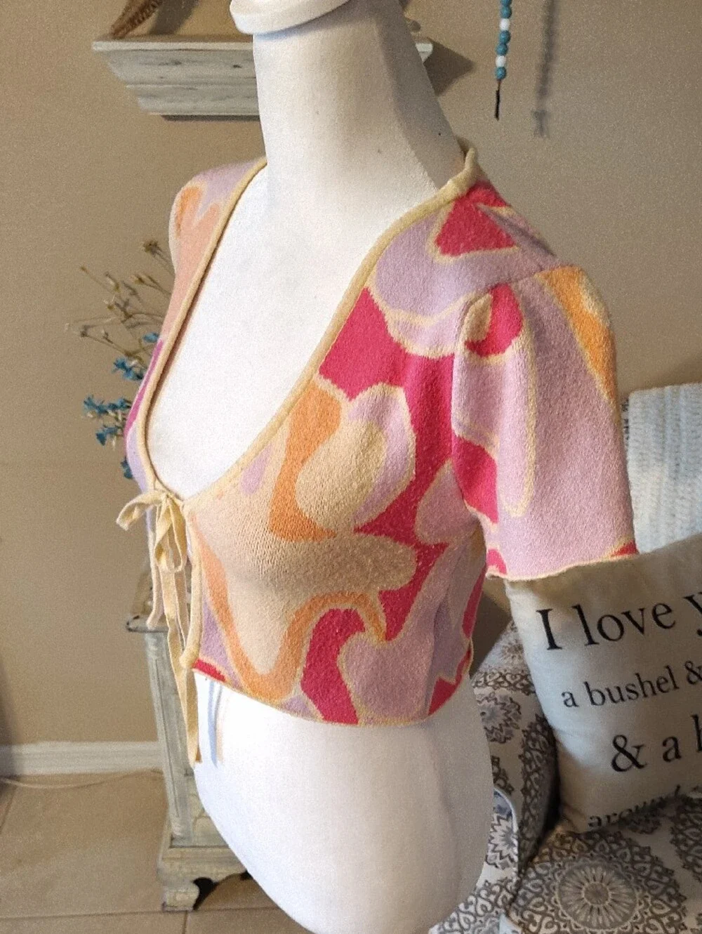 Peppermayo Pastel Knit Tie Front Crop Top in Pink & Yellow Trim Festival